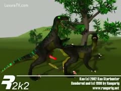 A dinosaur bonks some other dinosaur in a forest